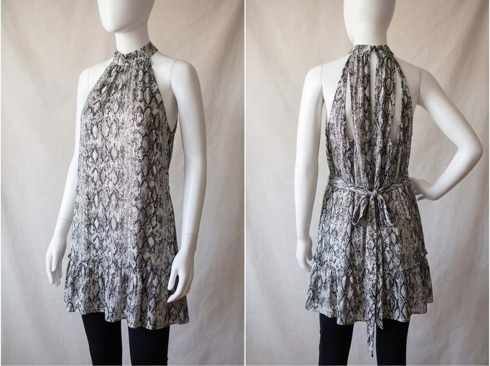 AQUA Snakeskin Print Halter Mini Dress Black White Women's Size Small Belted